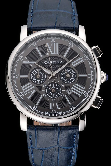 Cartier Rotonde Chronograph Black Dial Stainless Steel Case Blue Leather Strap new121361