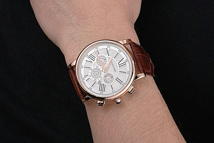 Cartier Rotonde Chronograph White Dial Rose Gold Case Brown Leather Strap new121362