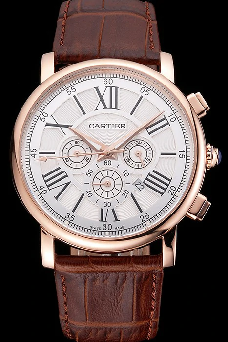 Cartier Rotonde Chronograph White Dial Rose Gold Case Brown Leather Strap new121362
