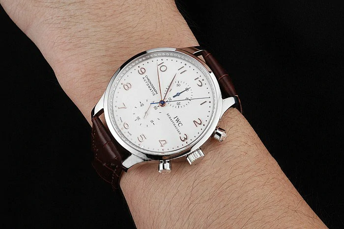IWC Portugieser Chronograph White Dial Rose Gold Hands And Numerals Stainless Steel Case Brown Leather Strap new121369