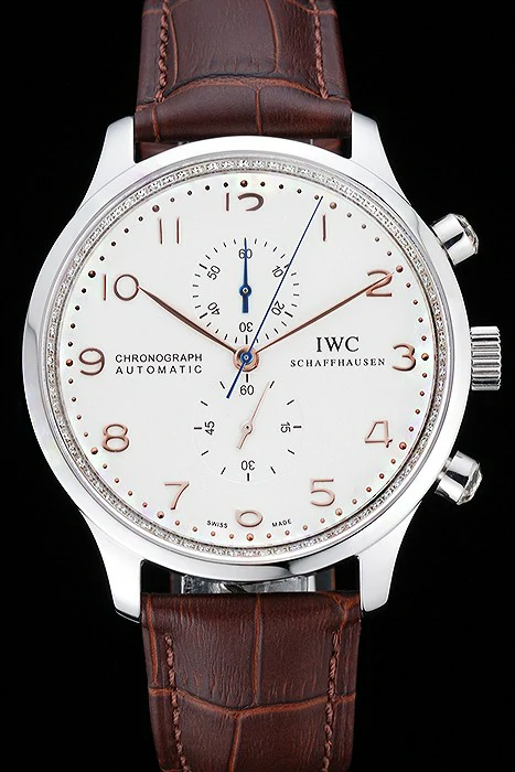 IWC Portugieser Chronograph White Dial Rose Gold Hands And Numerals Stainless Steel Case Brown Leather Strap new121369