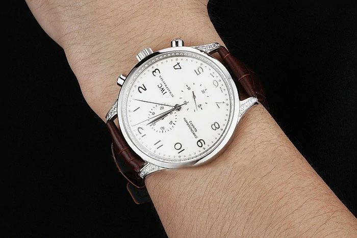 IWC Portugieser Chronograph White Dial Steel Hands And Numerals Steel Case With Diamonds Brown Leather Strap new121370