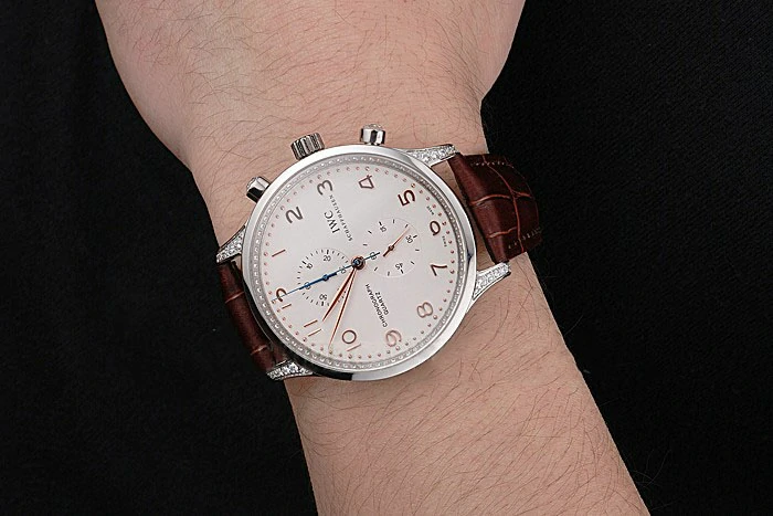 IWC Portugieser Chronograph White Dial Rose Gold Hands And Numerals Steel Case With Diamonds Brown Leather Strap new121371