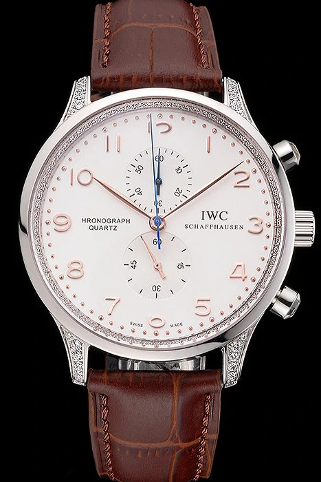 IWC Portugieser Chronograph White Dial Rose Gold Hands And Numerals Steel Case With Diamonds Brown Leather Strap new121371