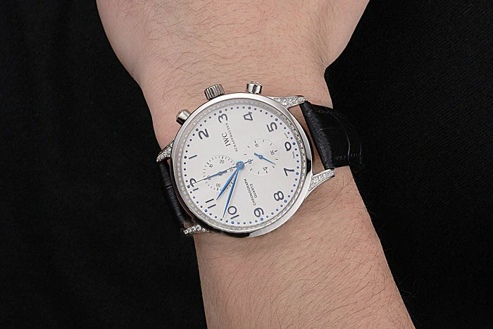 IWC Portugieser Chronograph White Dial Blue Hands And Numerals Steel Case With Diamonds Black Leather Strap new121372