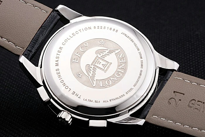 Longines Column Wheel Black Dial Silver Stainless Steel Case Black Leather Strap new121374