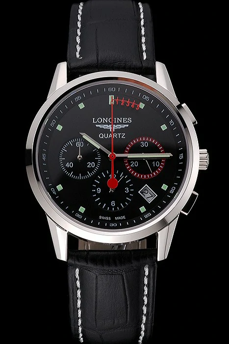 Longines Column Wheel Black Dial Silver Stainless Steel Case Black Leather Strap new121374