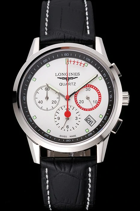 Longines Column Wheel White Dial Silver Stainless Steel Case Black Leather Strap new121376