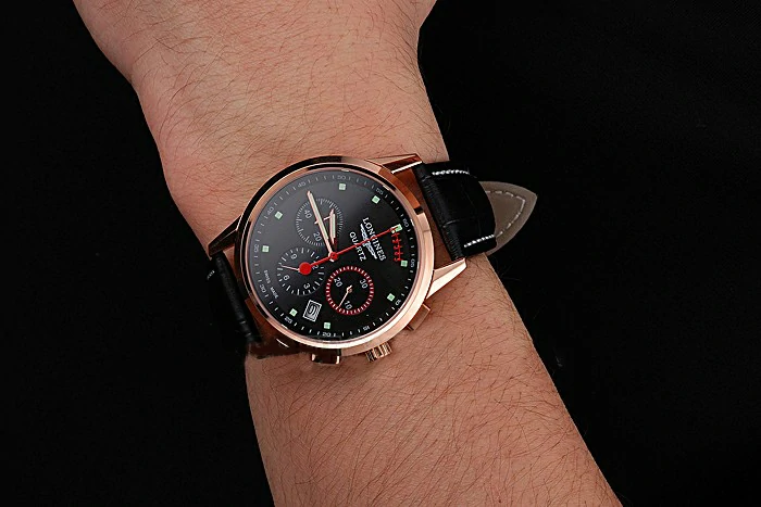 Longines Column Wheel Black Dial Gold Case Black Leather Strap new121378