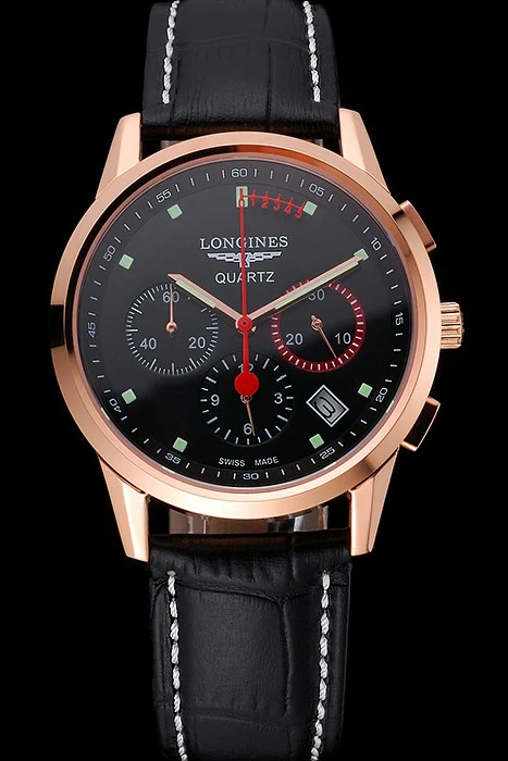 Longines Column Wheel Black Dial Gold Case Black Leather Strap new121378