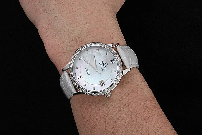 Omega DeVille Prestige Co Axial Diamond Silver Case Mother Of Pearl Dial White Leather Strap new121384
