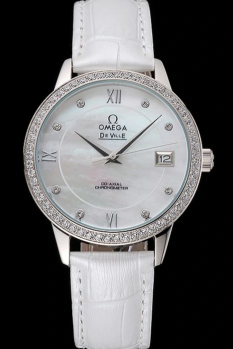 Omega DeVille Prestige Co Axial Diamond Silver Case Mother Of Pearl Dial White Leather Strap new121384