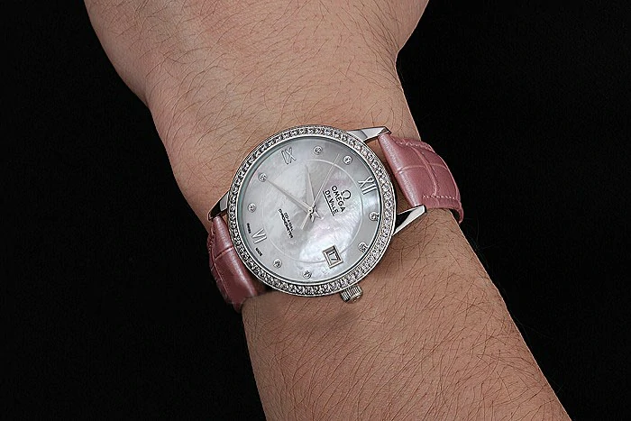 Omega DeVille Prestige Co Axial Diamond Silver Case Mother Of Pearl Dial Pink Leather Strap new121385