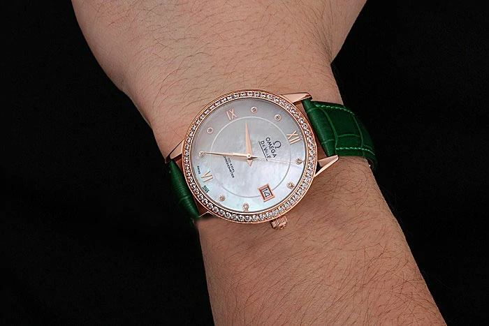 Omega DeVille Prestige Co Axial Diamond Gold Case Mother Of Pearl Dial Green Leather Strap new121389