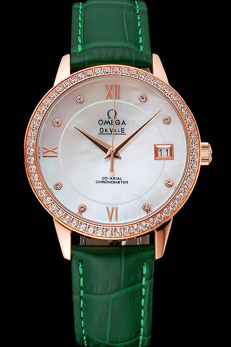 Omega DeVille Prestige Co Axial Diamond Gold Case Mother Of Pearl Dial Green Leather Strap new121389