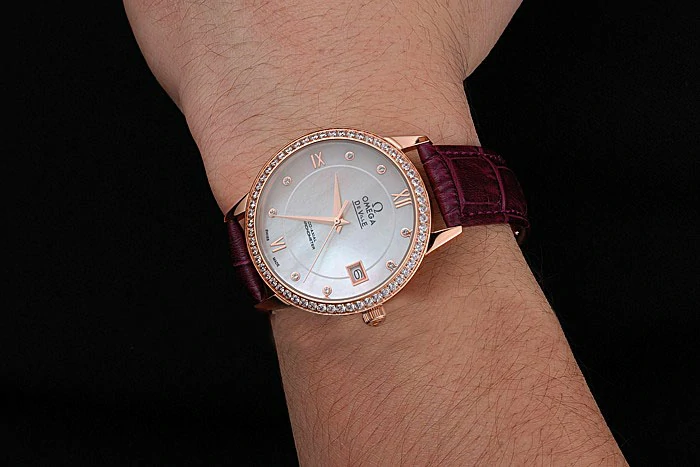 Omega DeVille Prestige Co Axial Diamond Gold Case Mother Of Pearl Dial Purple Leather Strap new121390