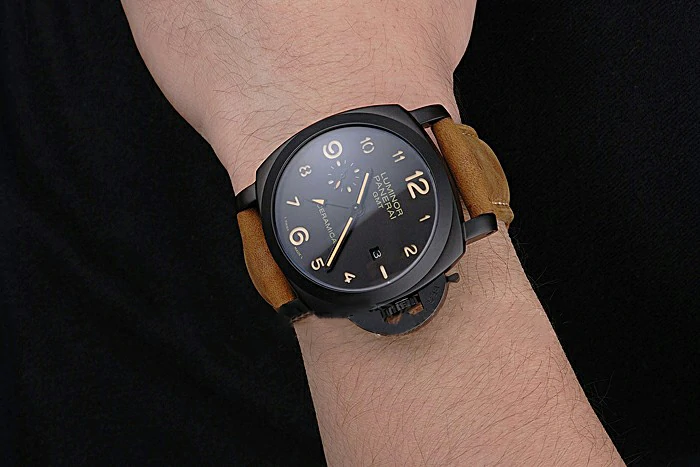 Panerai Luminor 1950 GMT Ceramica Black Dial Matte Black Case Brown Suede Leather Strap new121405