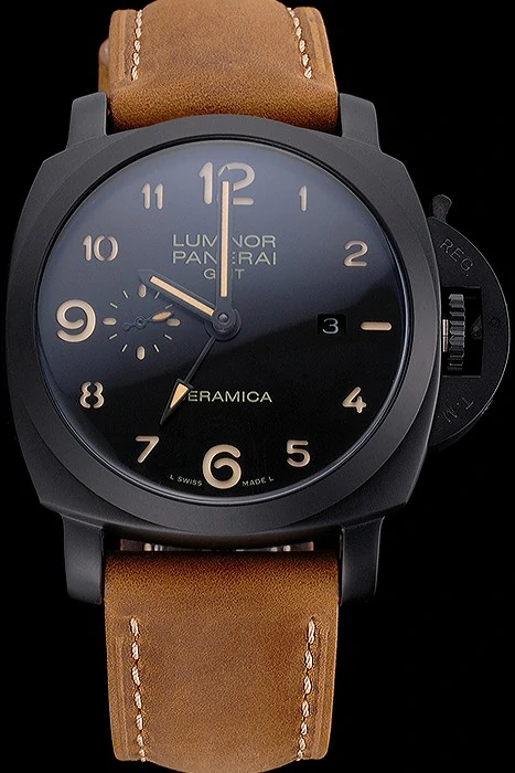 Panerai Luminor 1950 GMT Ceramica Black Dial Matte Black Case Brown Suede Leather Strap new121405