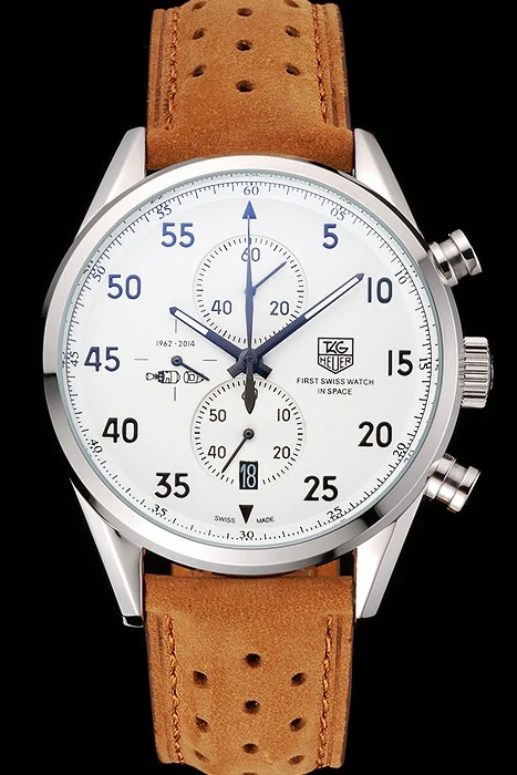 Tag Heuer Carrera SpaceX 7 White Dial Silver Stainless Steel Case Brown Suede Strap new121425