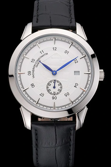 Vacheron Constantin Traditionnelle White Ship Dial Stainless Steel Case Black Leather Strap new121426