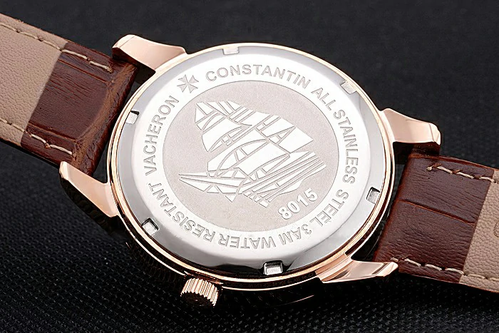 Vacheron Constantin Traditionnelle Black Ship Dial Rose Gold Case Brown Leather Strap new121429