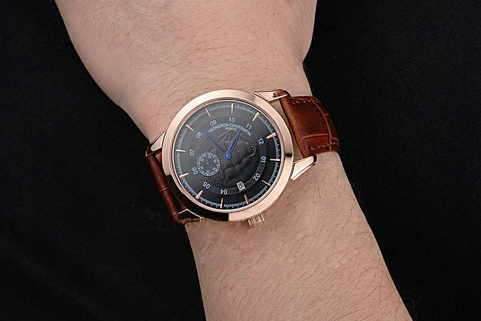 Vacheron Constantin Traditionnelle Black Ship Dial Rose Gold Case Brown Leather Strap new121429