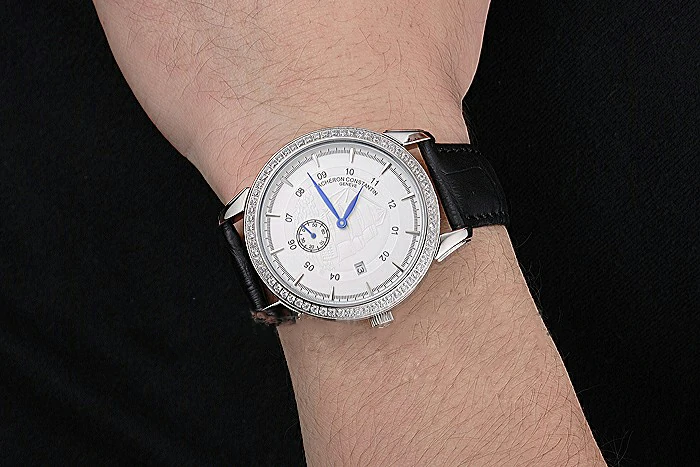 Vacheron Constantin Traditionnelle White Ship Dial Stainless Steel Case With Diamonds Black Leather Strap new121430
