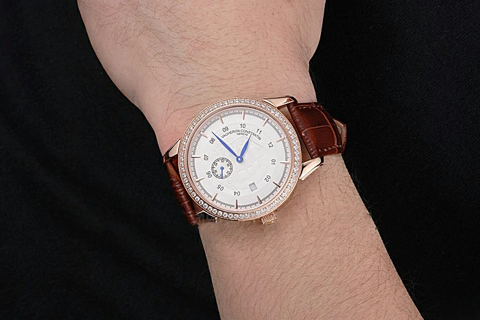 Vacheron Constantin Traditionnelle White Ship Dial Rose Gold Case With Diamonds Brown Leather Strap new121432