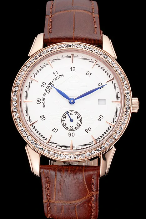 Vacheron Constantin Traditionnelle White Ship Dial Rose Gold Case With Diamonds Brown Leather Strap new121432