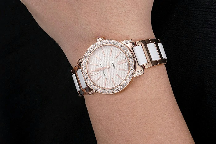 Bvlgari Bvlgari White Embossed Dial Gold Case Diamond Bezel Two Tone Bracelet new121513