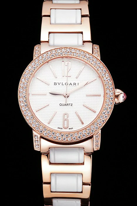 Bvlgari Bvlgari White Embossed Dial Gold Case Diamond Bezel Two Tone Bracelet new121513