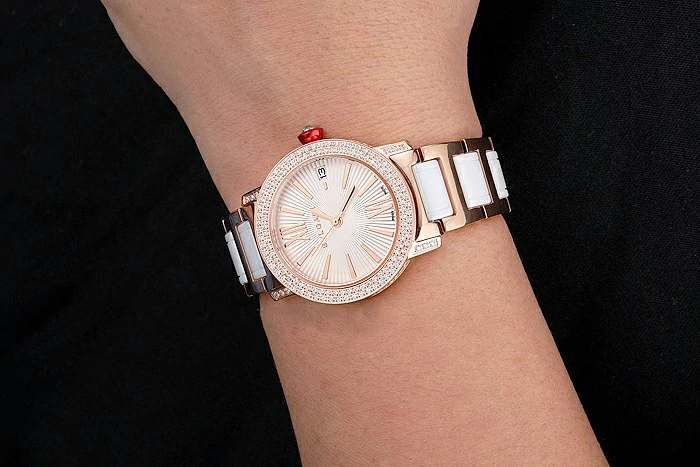 Bvlgari Bvlgari White Guilloche Dial Roman Numerals Gold Case Diamond Bezel Two Tone Bracelet new121514