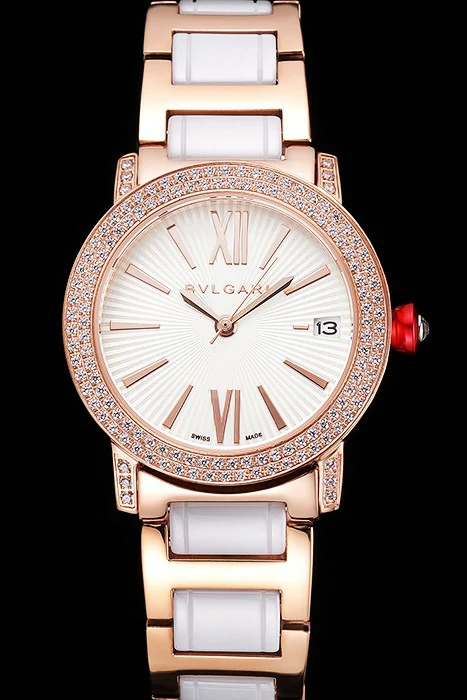 Bvlgari Bvlgari White Guilloche Dial Roman Numerals Gold Case Diamond Bezel Two Tone Bracelet new121514