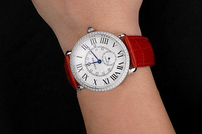 Cartier Ronde Louis Cartier White Dial Stainless Steel Case Diamond Bezel Red Leather Strap new121528