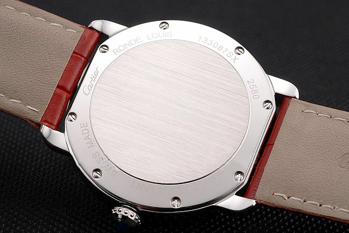 Cartier Ronde Louis Cartier White Dial Stainless Steel Case Diamond Bezel Red Leather Strap new121528
