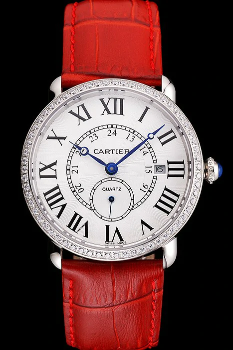 Cartier Ronde Louis Cartier White Dial Stainless Steel Case Diamond Bezel Red Leather Strap new121528