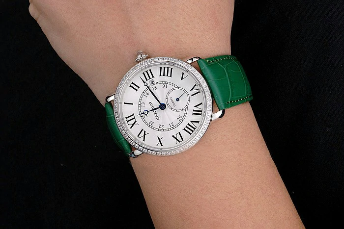 Cartier Ronde Louis Cartier White Dial Stainless Steel Case Diamond Bezel Green Leather Strap new121529