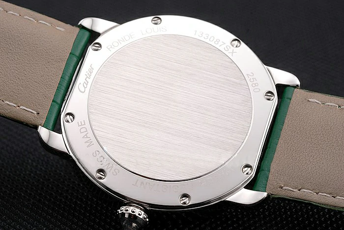 Cartier Ronde Louis Cartier White Dial Stainless Steel Case Diamond Bezel Green Leather Strap new121529