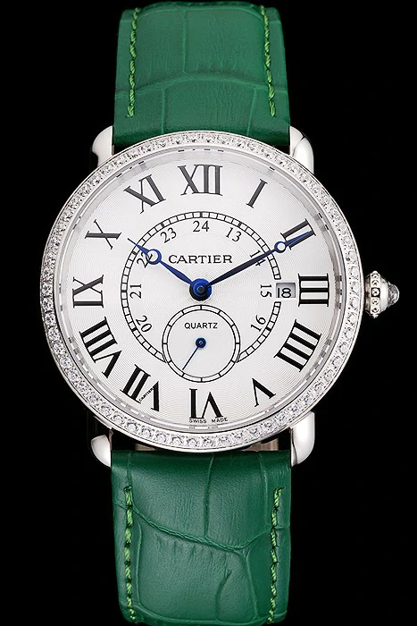 Cartier Ronde Louis Cartier White Dial Stainless Steel Case Diamond Bezel Green Leather Strap new121529