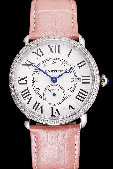 Cartier Ronde Louis Cartier White Dial Stainless Steel Case Diamond Bezel Pink Leather Strap new121530