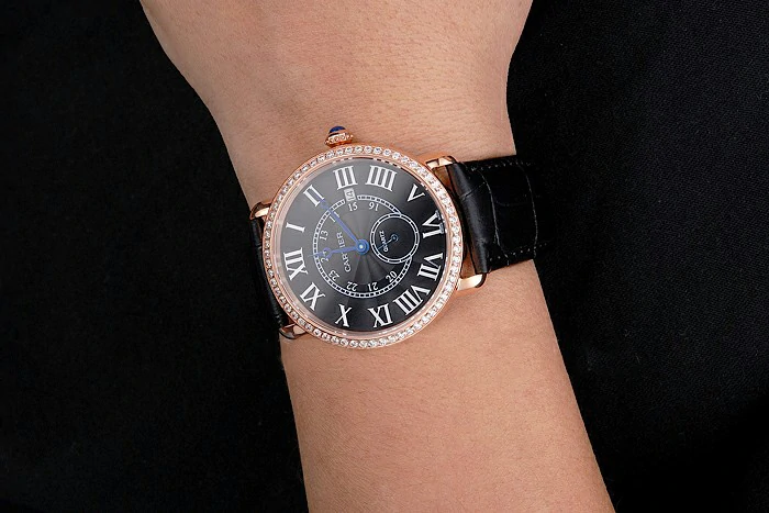 Cartier Ronde Louis Cartier Black Dial Gold Case Diamond Bezel Black Leather Strap new121532