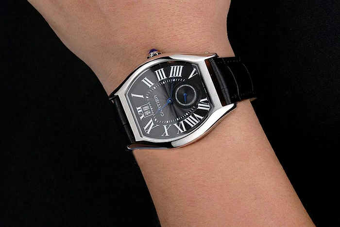 Cartier Tortue Large Date Black Dial Stainless Steel Case Black Leather Strap new121533