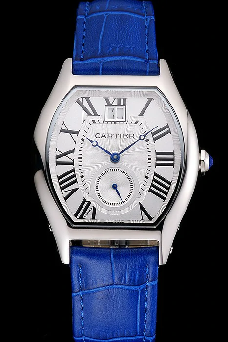 Cartier Tortue Large Date White Dial Stainless Steel Case Blue Leather Strap new121534