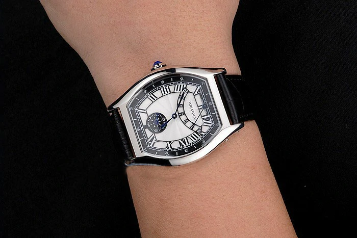 Cartier Tortue Perpetual Calendar White Dial Stainless Steel Case Black Leather Strap new121536