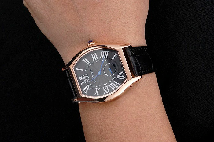 Cartier Tortue Large Date Black Dial Gold Case Black Leather Strap new121539