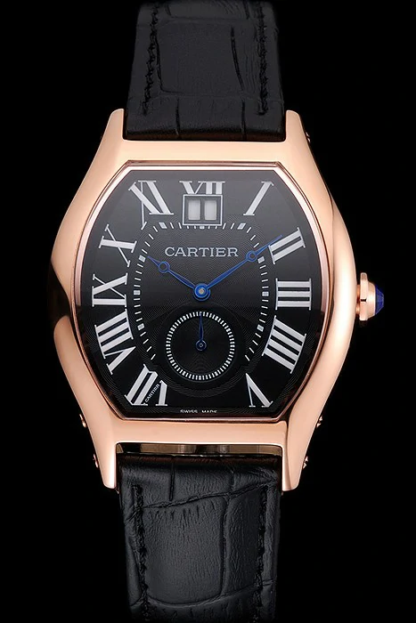 Cartier Tortue Large Date Black Dial Gold Case Black Leather Strap new121539
