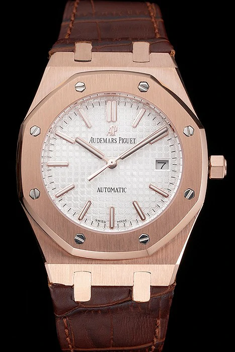 Audemars Piguet Royal Oak White Dial Gold Case Brown Leather Strap new121569