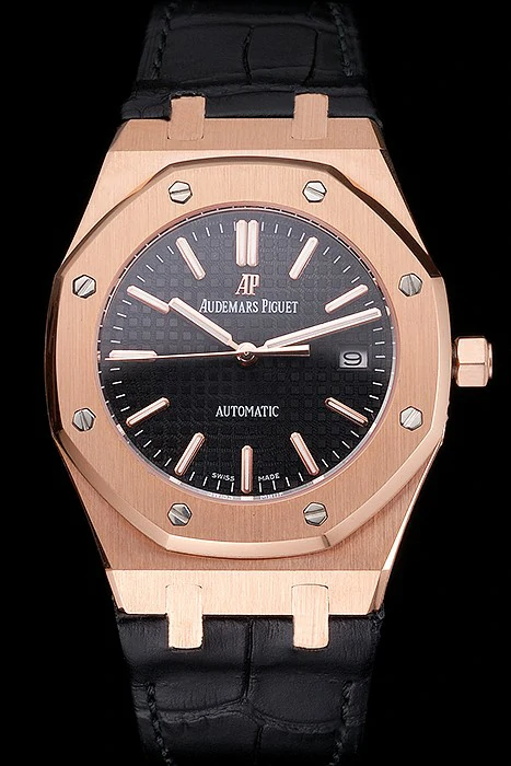 Audemars Piguet Royal Oak Black Dial Gold Case Black Leather Strap new121570