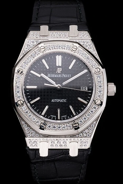Audemars Piguet Royal Oak Black Dial Steel Case With Diamonds Black Leather Strap new121572
