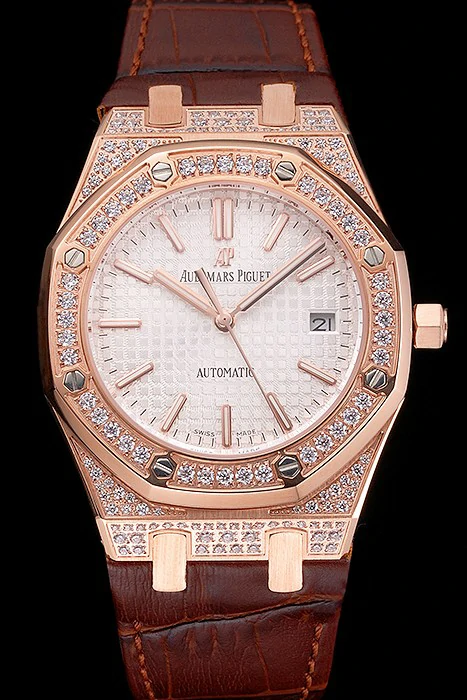 Audemars Piguet Royal Oak White Dial Gold Case With Diamonds Brown Leather Strap new121573